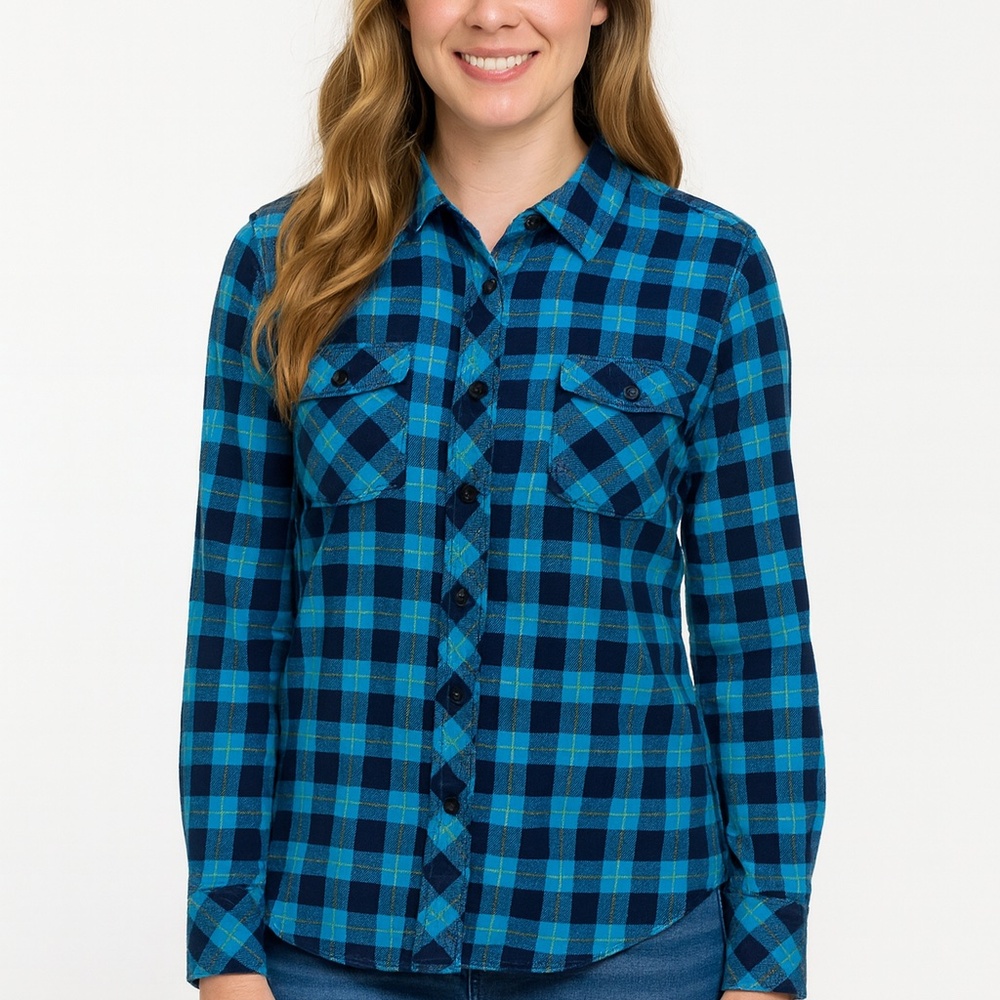 Duluth Trading Flannel Shirt Blue Plaid Roll up Long Sleeve Size Medium